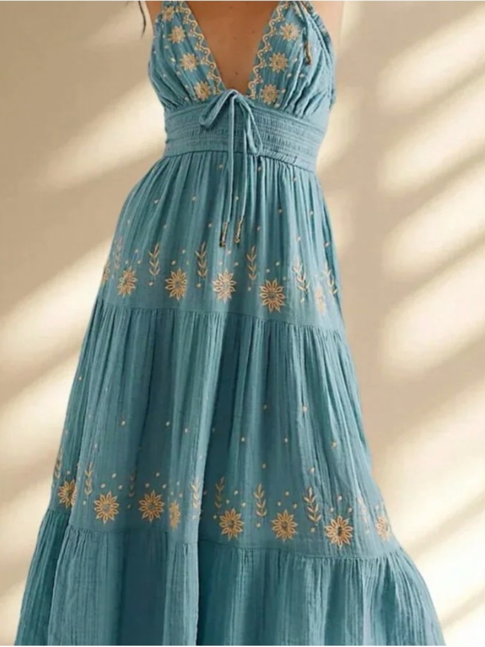 Free People Teal Blue Embroidered Maxi Dress with Tie Front
